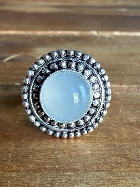 Women Jewelry Ring Silver Band Size 8 Blue Gemstone Chalcedony Quartz Crystal